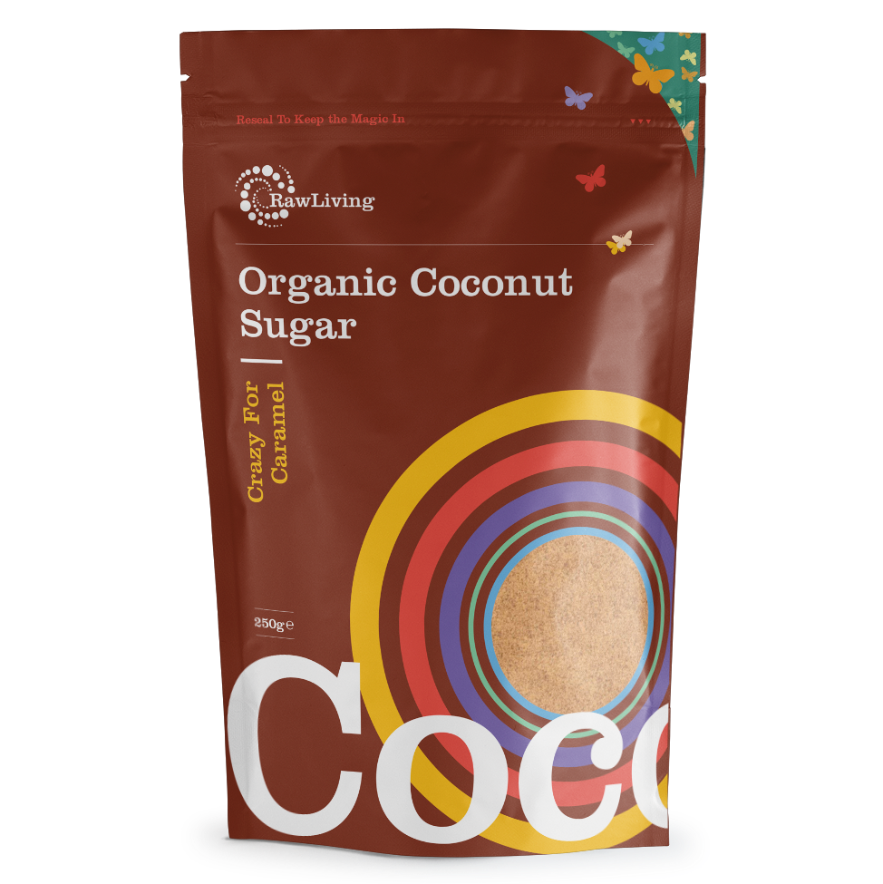 A package of Raw Living Organic Coconut Sugar, with a visible image of the granulated sugar and the brand's logo.