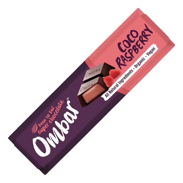 Ombar chocolate bar packaging with 'Coco Raspberry' flavor on a white background