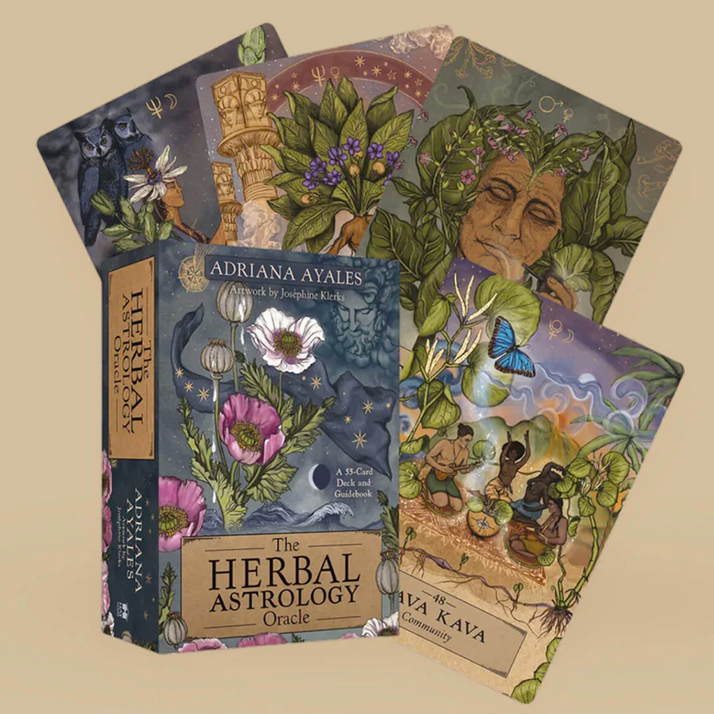 A set of illustrated cards titled 'Anima Mundi Herbals - Herbal Astrology Oracle Cards' by Adriana Ayales with illustrations by Josephine Klerks. The cards are focused on astrological correspondences of plants and healing wisdom.